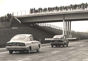 Bond GT4S cars on the new M6 motorway in 1965